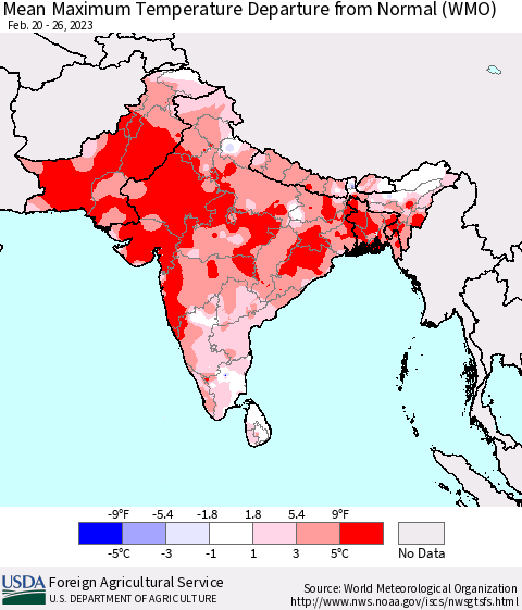 Southern Asia Mean Maximum Temperature Departure from Normal (WMO) Thematic Map For 2/20/2023 - 2/26/2023