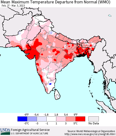 Southern Asia Mean Maximum Temperature Departure from Normal (WMO) Thematic Map For 2/27/2023 - 3/5/2023