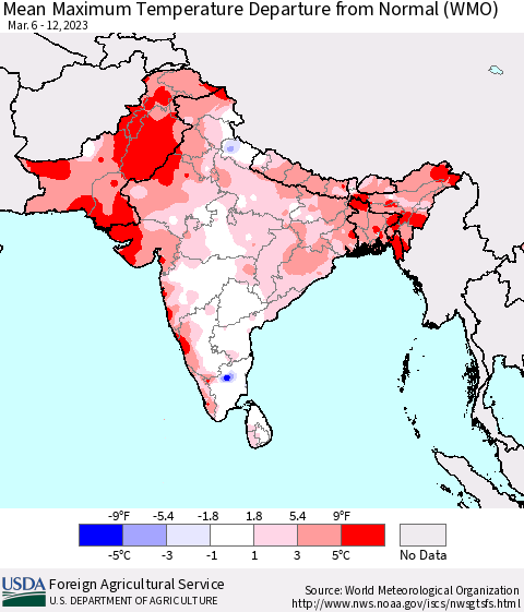 Southern Asia Mean Maximum Temperature Departure from Normal (WMO) Thematic Map For 3/6/2023 - 3/12/2023