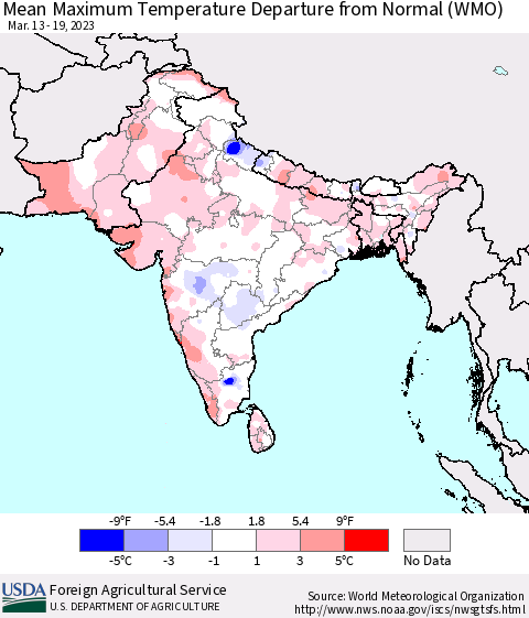 Southern Asia Mean Maximum Temperature Departure from Normal (WMO) Thematic Map For 3/13/2023 - 3/19/2023