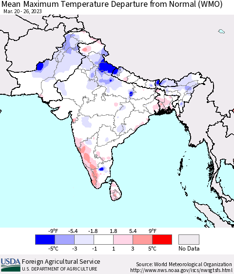 Southern Asia Mean Maximum Temperature Departure from Normal (WMO) Thematic Map For 3/20/2023 - 3/26/2023