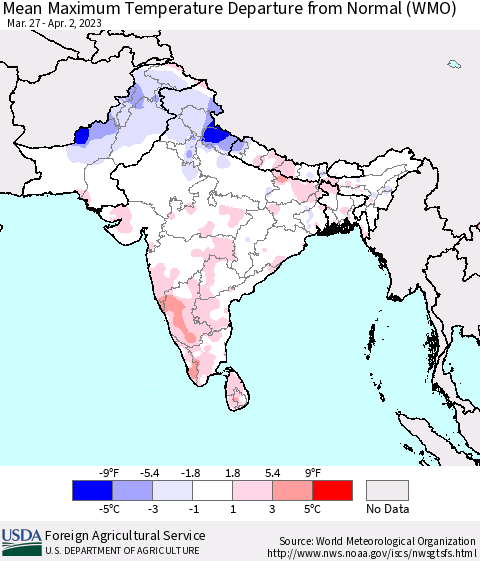 Southern Asia Mean Maximum Temperature Departure from Normal (WMO) Thematic Map For 3/27/2023 - 4/2/2023