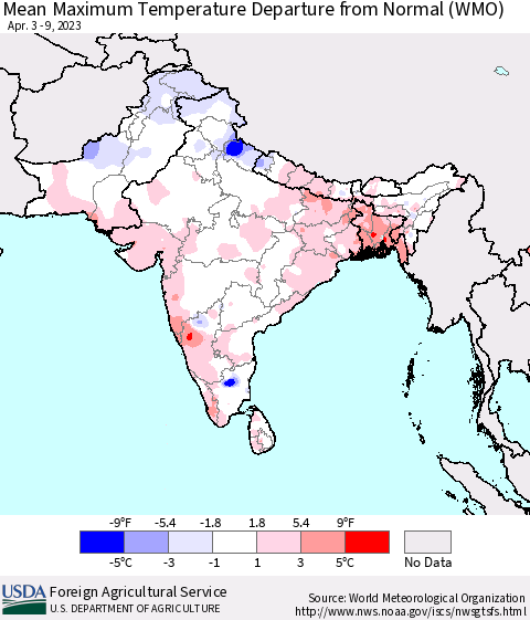 Southern Asia Mean Maximum Temperature Departure from Normal (WMO) Thematic Map For 4/3/2023 - 4/9/2023