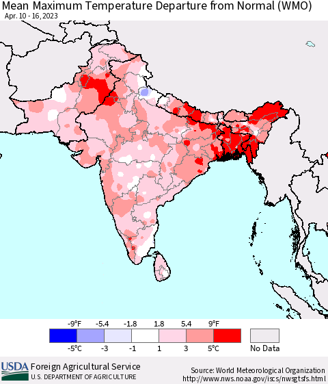 Southern Asia Mean Maximum Temperature Departure from Normal (WMO) Thematic Map For 4/10/2023 - 4/16/2023