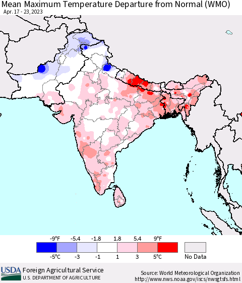 Southern Asia Mean Maximum Temperature Departure from Normal (WMO) Thematic Map For 4/17/2023 - 4/23/2023
