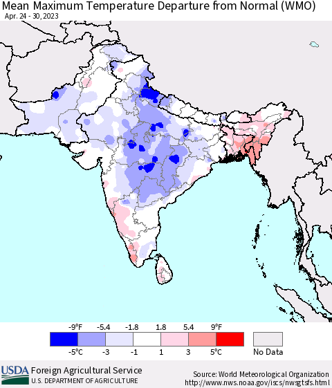 Southern Asia Mean Maximum Temperature Departure from Normal (WMO) Thematic Map For 4/24/2023 - 4/30/2023