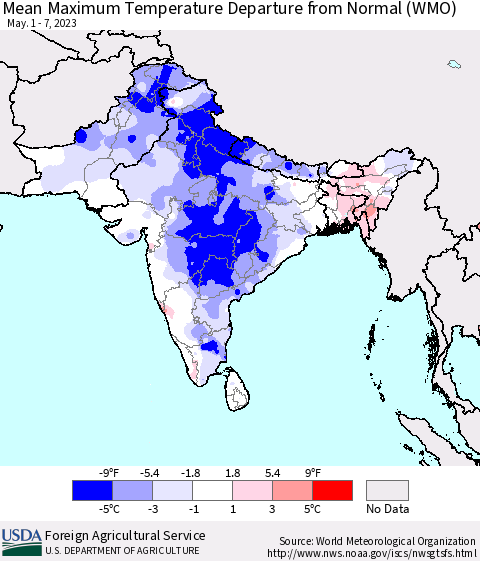 Southern Asia Mean Maximum Temperature Departure from Normal (WMO) Thematic Map For 5/1/2023 - 5/7/2023