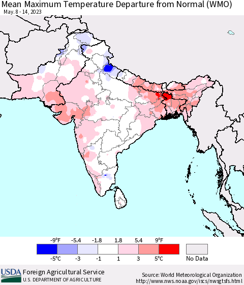 Southern Asia Mean Maximum Temperature Departure from Normal (WMO) Thematic Map For 5/8/2023 - 5/14/2023