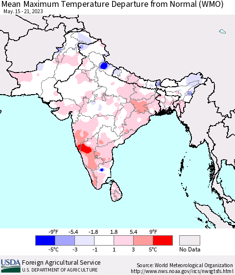Southern Asia Mean Maximum Temperature Departure from Normal (WMO) Thematic Map For 5/15/2023 - 5/21/2023