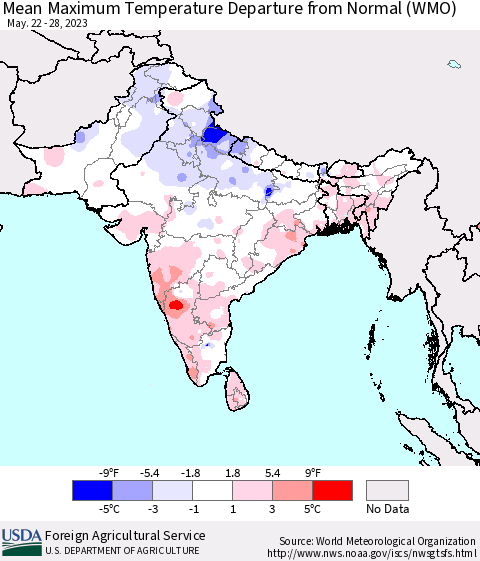 Southern Asia Mean Maximum Temperature Departure from Normal (WMO) Thematic Map For 5/22/2023 - 5/28/2023