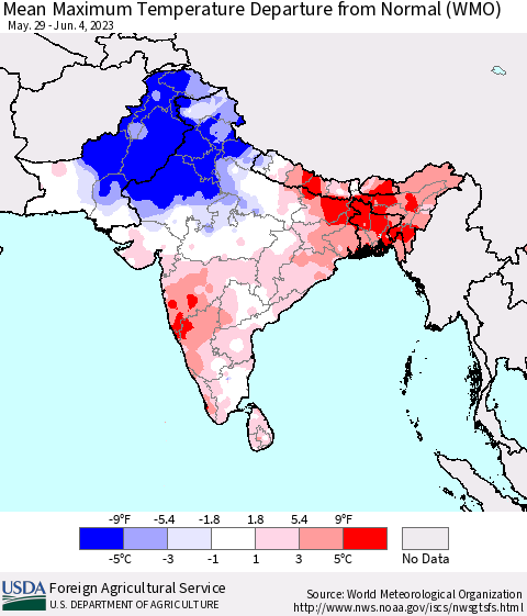Southern Asia Mean Maximum Temperature Departure from Normal (WMO) Thematic Map For 5/29/2023 - 6/4/2023