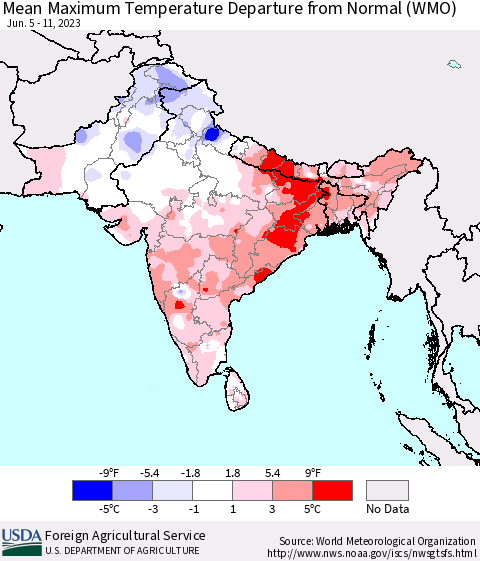 Southern Asia Mean Maximum Temperature Departure from Normal (WMO) Thematic Map For 6/5/2023 - 6/11/2023
