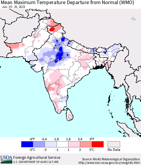 Southern Asia Mean Maximum Temperature Departure from Normal (WMO) Thematic Map For 6/19/2023 - 6/25/2023