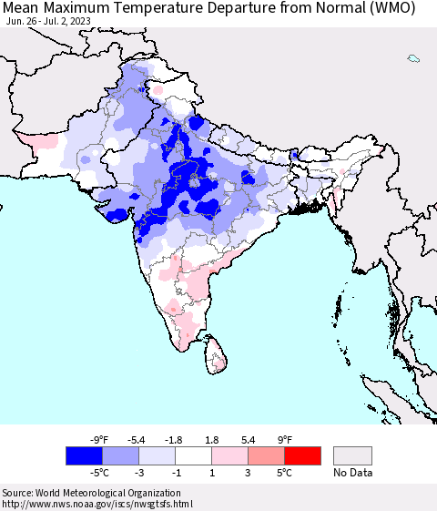 Southern Asia Mean Maximum Temperature Departure from Normal (WMO) Thematic Map For 6/26/2023 - 7/2/2023