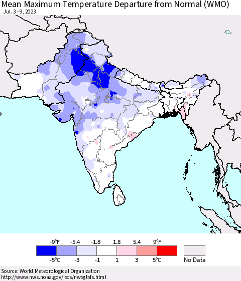 Southern Asia Mean Maximum Temperature Departure from Normal (WMO) Thematic Map For 7/3/2023 - 7/9/2023