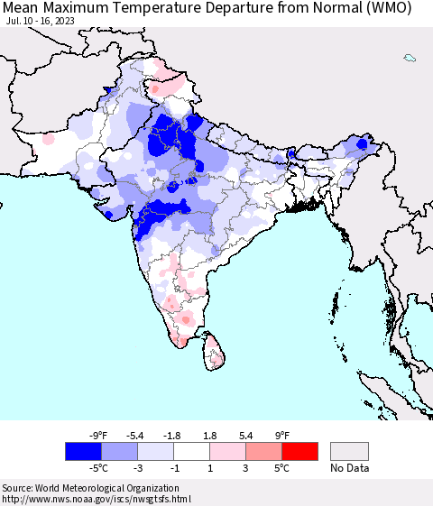 Southern Asia Mean Maximum Temperature Departure from Normal (WMO) Thematic Map For 7/10/2023 - 7/16/2023