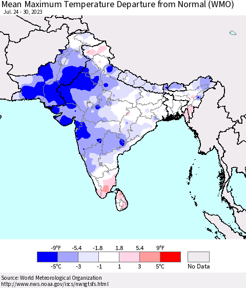 Southern Asia Mean Maximum Temperature Departure from Normal (WMO) Thematic Map For 7/24/2023 - 7/30/2023