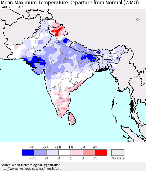 Southern Asia Mean Maximum Temperature Departure from Normal (WMO) Thematic Map For 8/7/2023 - 8/13/2023