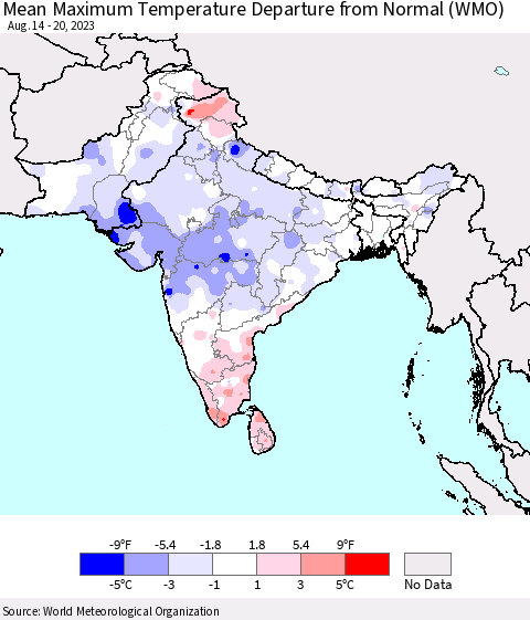 Southern Asia Mean Maximum Temperature Departure from Normal (WMO) Thematic Map For 8/14/2023 - 8/20/2023