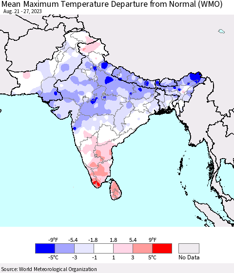 Southern Asia Mean Maximum Temperature Departure from Normal (WMO) Thematic Map For 8/21/2023 - 8/27/2023