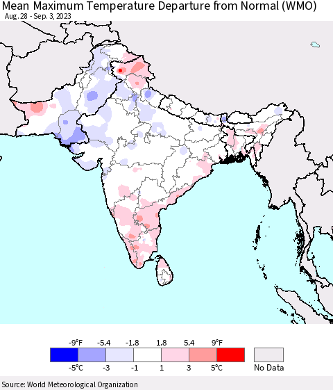 Southern Asia Mean Maximum Temperature Departure from Normal (WMO) Thematic Map For 8/28/2023 - 9/3/2023