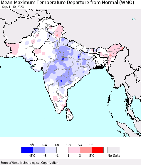 Southern Asia Mean Maximum Temperature Departure from Normal (WMO) Thematic Map For 9/4/2023 - 9/10/2023