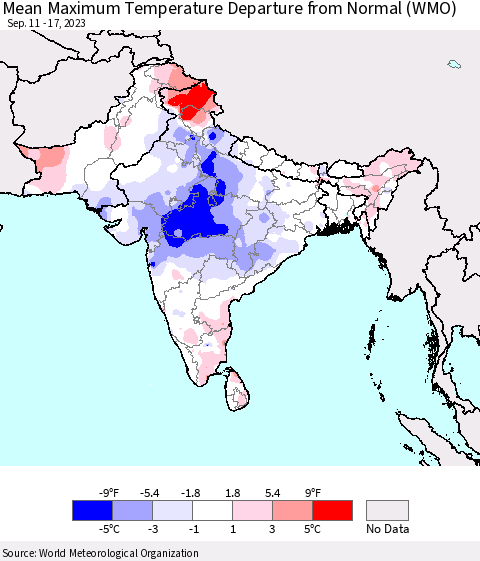 Southern Asia Mean Maximum Temperature Departure from Normal (WMO) Thematic Map For 9/11/2023 - 9/17/2023