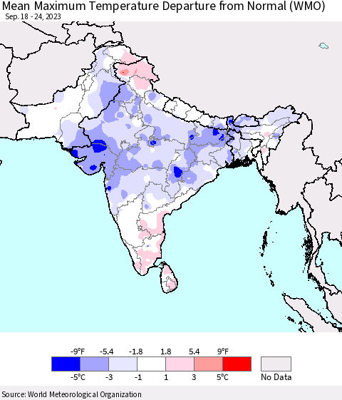 Southern Asia Mean Maximum Temperature Departure from Normal (WMO) Thematic Map For 9/18/2023 - 9/24/2023