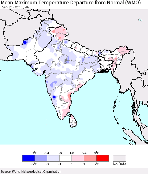 Southern Asia Mean Maximum Temperature Departure from Normal (WMO) Thematic Map For 9/25/2023 - 10/1/2023