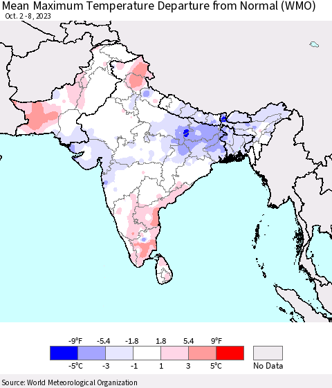 Southern Asia Mean Maximum Temperature Departure from Normal (WMO) Thematic Map For 10/2/2023 - 10/8/2023