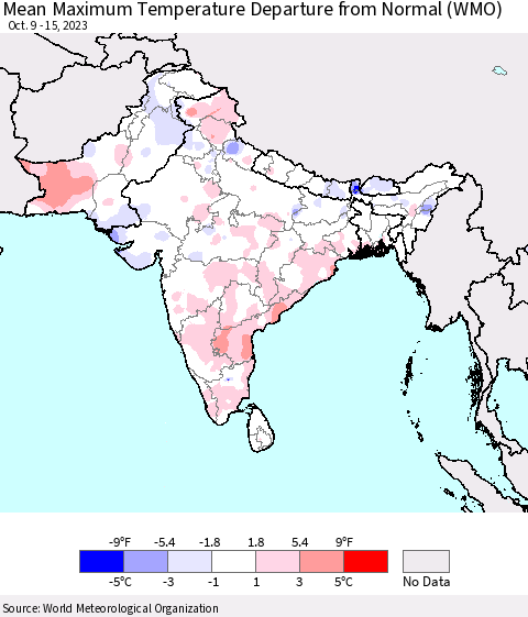 Southern Asia Mean Maximum Temperature Departure from Normal (WMO) Thematic Map For 10/9/2023 - 10/15/2023