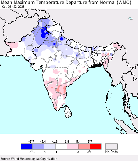 Southern Asia Mean Maximum Temperature Departure from Normal (WMO) Thematic Map For 10/16/2023 - 10/22/2023