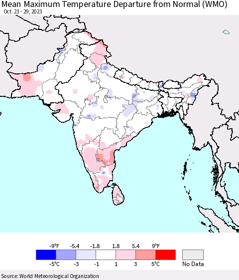 Southern Asia Mean Maximum Temperature Departure from Normal (WMO) Thematic Map For 10/23/2023 - 10/29/2023
