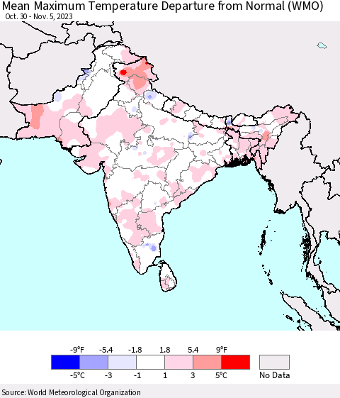 Southern Asia Mean Maximum Temperature Departure from Normal (WMO) Thematic Map For 10/30/2023 - 11/5/2023