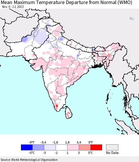 Southern Asia Mean Maximum Temperature Departure from Normal (WMO) Thematic Map For 11/6/2023 - 11/12/2023