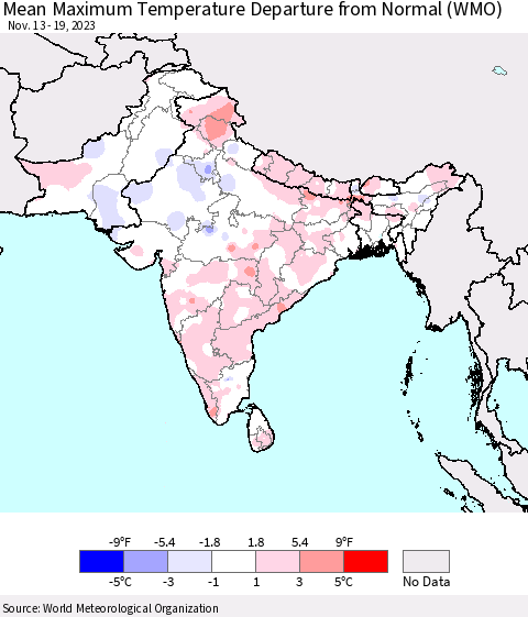 Southern Asia Mean Maximum Temperature Departure from Normal (WMO) Thematic Map For 11/13/2023 - 11/19/2023