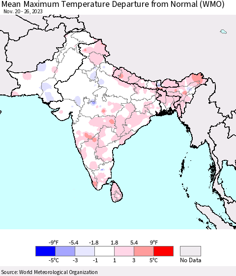 Southern Asia Mean Maximum Temperature Departure from Normal (WMO) Thematic Map For 11/20/2023 - 11/26/2023