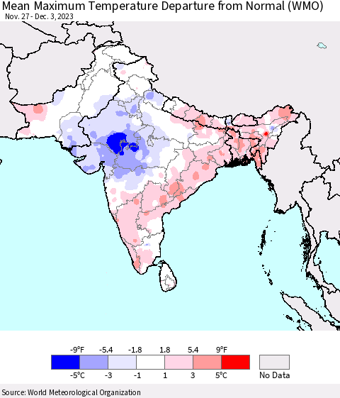 Southern Asia Mean Maximum Temperature Departure from Normal (WMO) Thematic Map For 11/27/2023 - 12/3/2023