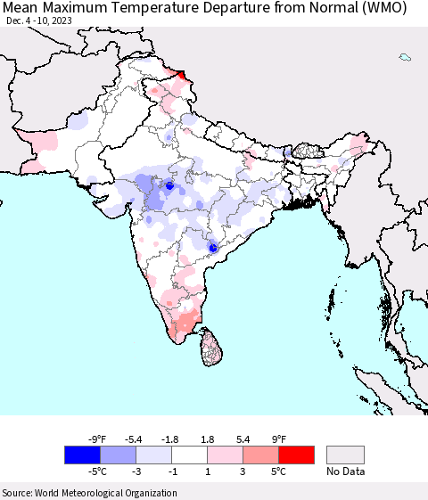 Southern Asia Mean Maximum Temperature Departure from Normal (WMO) Thematic Map For 12/4/2023 - 12/10/2023