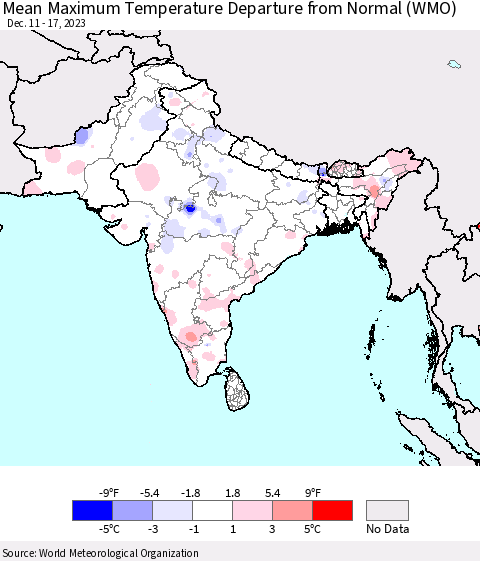 Southern Asia Mean Maximum Temperature Departure from Normal (WMO) Thematic Map For 12/11/2023 - 12/17/2023