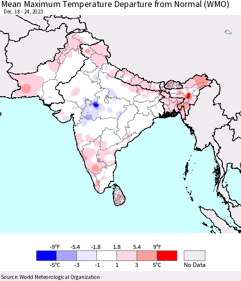 Southern Asia Mean Maximum Temperature Departure from Normal (WMO) Thematic Map For 12/18/2023 - 12/24/2023