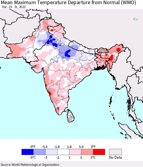Southern Asia Mean Maximum Temperature Departure from Normal (WMO) Thematic Map For 12/25/2023 - 12/31/2023