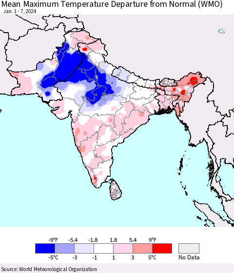 Southern Asia Mean Maximum Temperature Departure from Normal (WMO) Thematic Map For 1/1/2024 - 1/7/2024