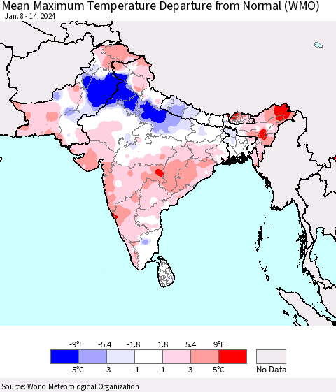 Southern Asia Mean Maximum Temperature Departure from Normal (WMO) Thematic Map For 1/8/2024 - 1/14/2024