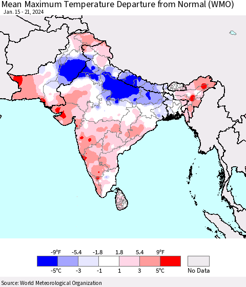 Southern Asia Mean Maximum Temperature Departure from Normal (WMO) Thematic Map For 1/15/2024 - 1/21/2024