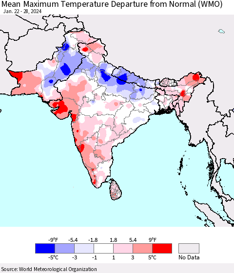 Southern Asia Mean Maximum Temperature Departure from Normal (WMO) Thematic Map For 1/22/2024 - 1/28/2024