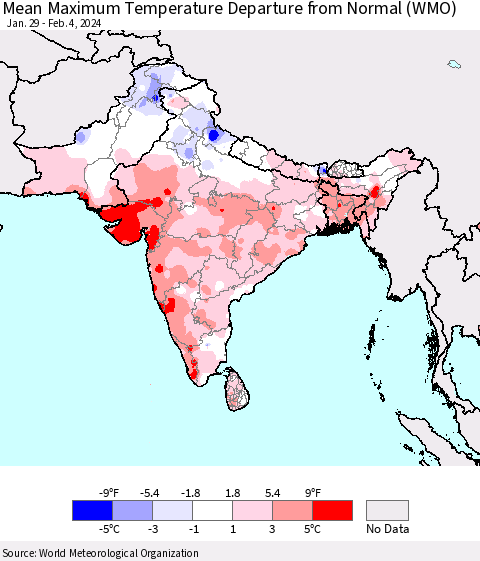 Southern Asia Mean Maximum Temperature Departure from Normal (WMO) Thematic Map For 1/29/2024 - 2/4/2024