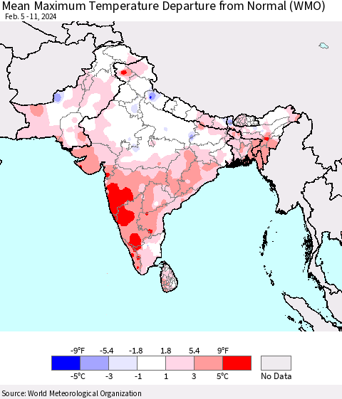 Southern Asia Mean Maximum Temperature Departure from Normal (WMO) Thematic Map For 2/5/2024 - 2/11/2024