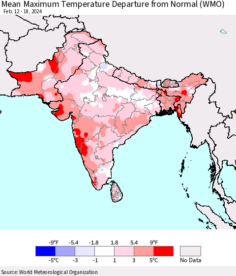 Southern Asia Mean Maximum Temperature Departure from Normal (WMO) Thematic Map For 2/12/2024 - 2/18/2024