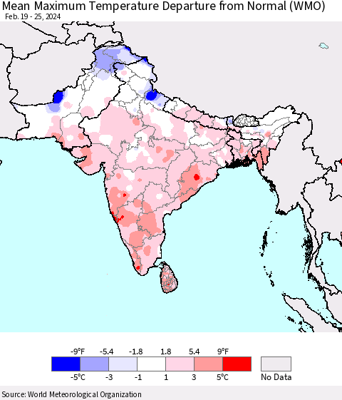 Southern Asia Mean Maximum Temperature Departure from Normal (WMO) Thematic Map For 2/19/2024 - 2/25/2024